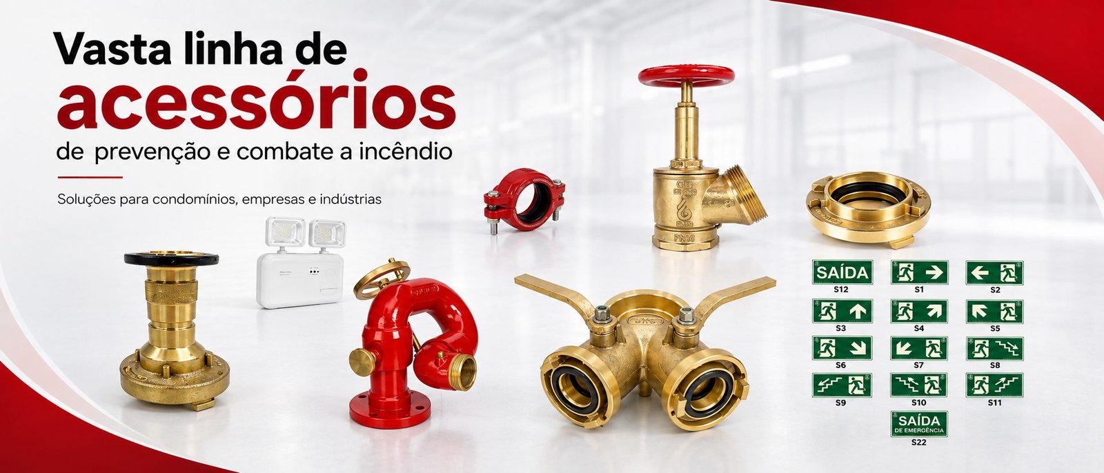 Vasta linha de acessórios de prevenção e combate a incêndio. Soluções para condomínios, empresas e indústrias.