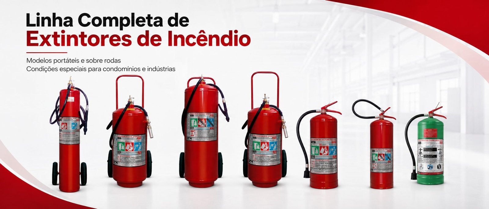 Linha completa de extintores de incêndio. Modelos portáteis e sobre rodas para condomínios e indústrias.